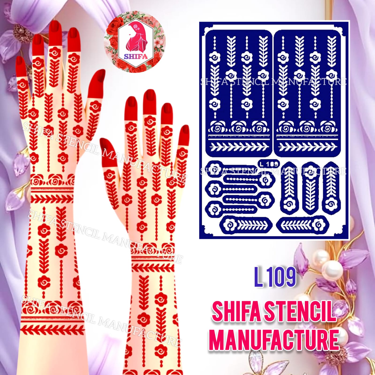 L  109 Geometric Bloom Sticker Overview Henna Stencil - Shifa Stencil